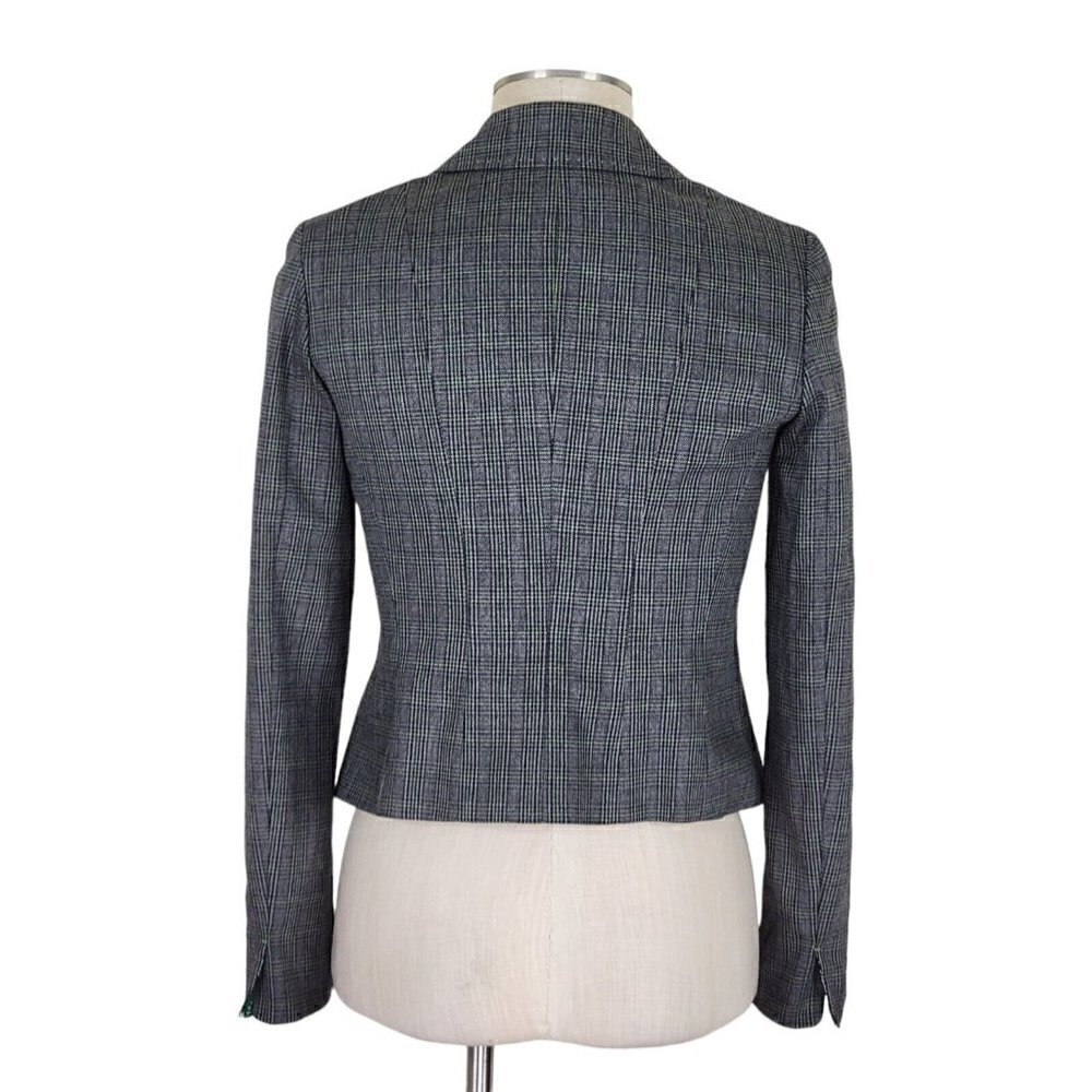 Elie Tahari Blazer Sz 6 Flip Contrast Cuffs Black Lime Plaid Pockets Wool Blend - Picture 4 of 14